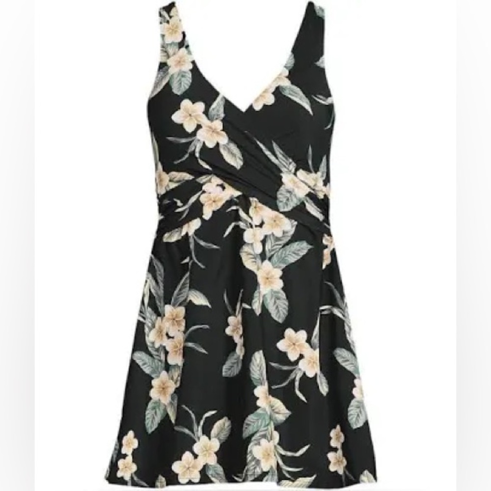 Lands' End Plumeria Floral Black/Green One Piece Swim Dress SZ Medium